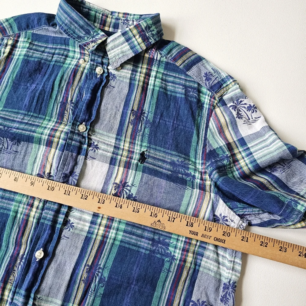 VTG Ralph Lauren Plaid Palms Short Sleeve Button Down Shirt Blue Green Youth XL
